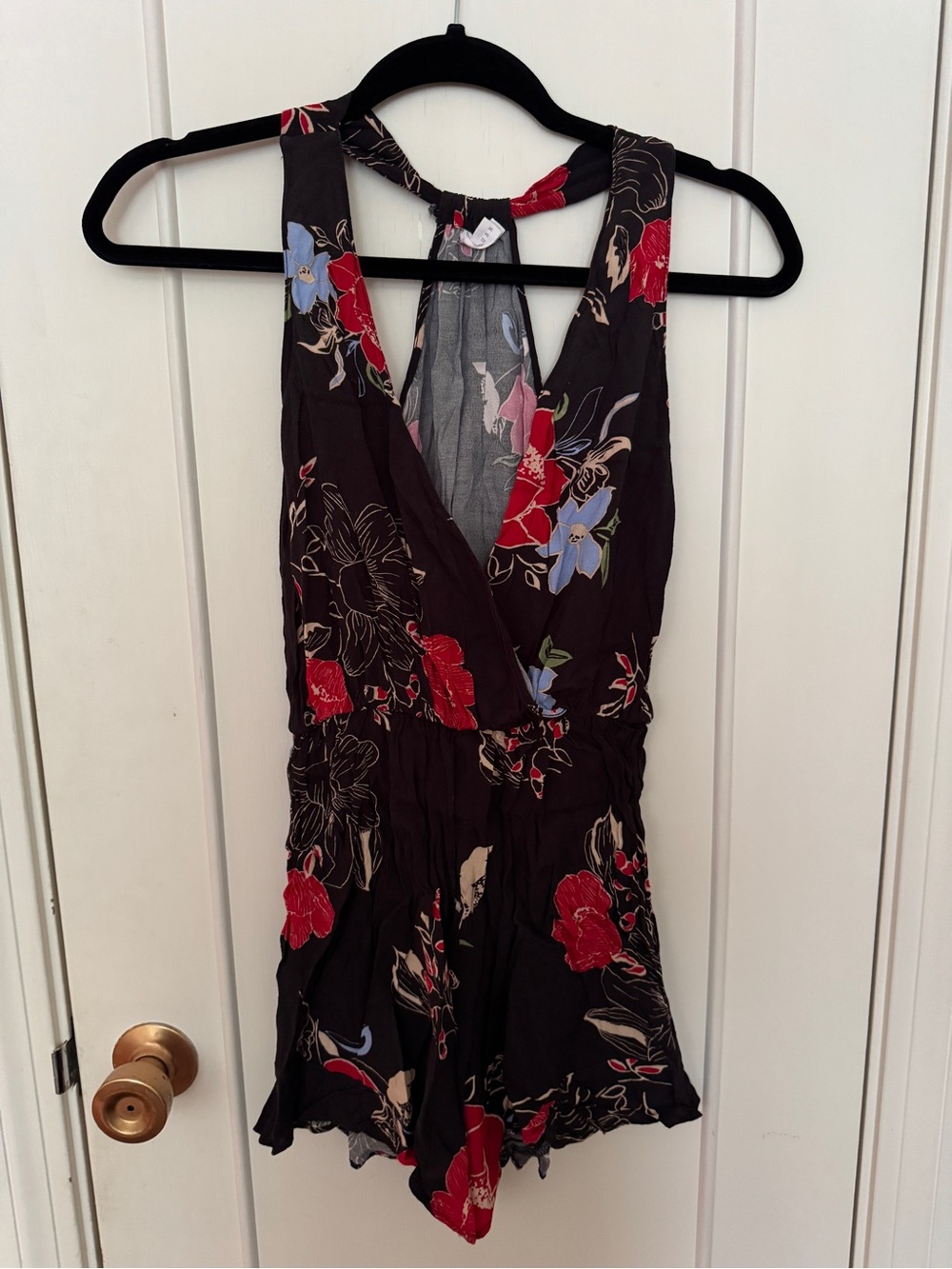 Lush Black Floral Halter Romper with Red & Light Blue Blooms